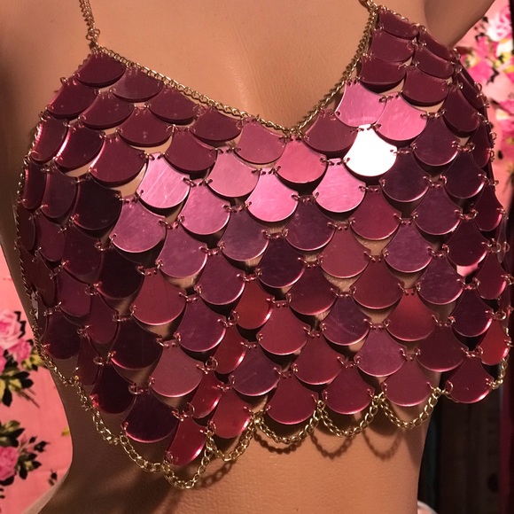 Tops - Pink gold metallic crop top festival rave mermaid